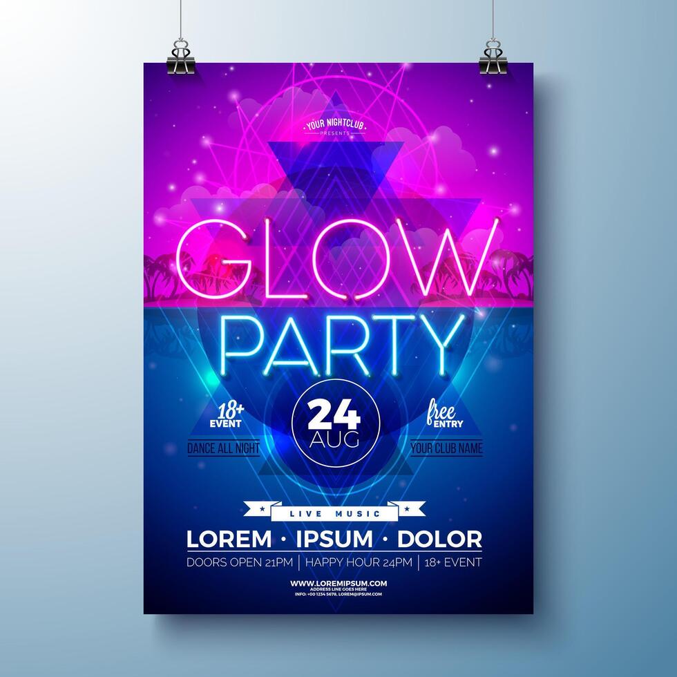 Summer Glow Party Banner Design Template with Glowing Neon Light on Fluorescent Tropic Leaves Background. Summer Celebration Holiday Illustration for Banner, Flyer, Invitation or Celebration Poster. vector