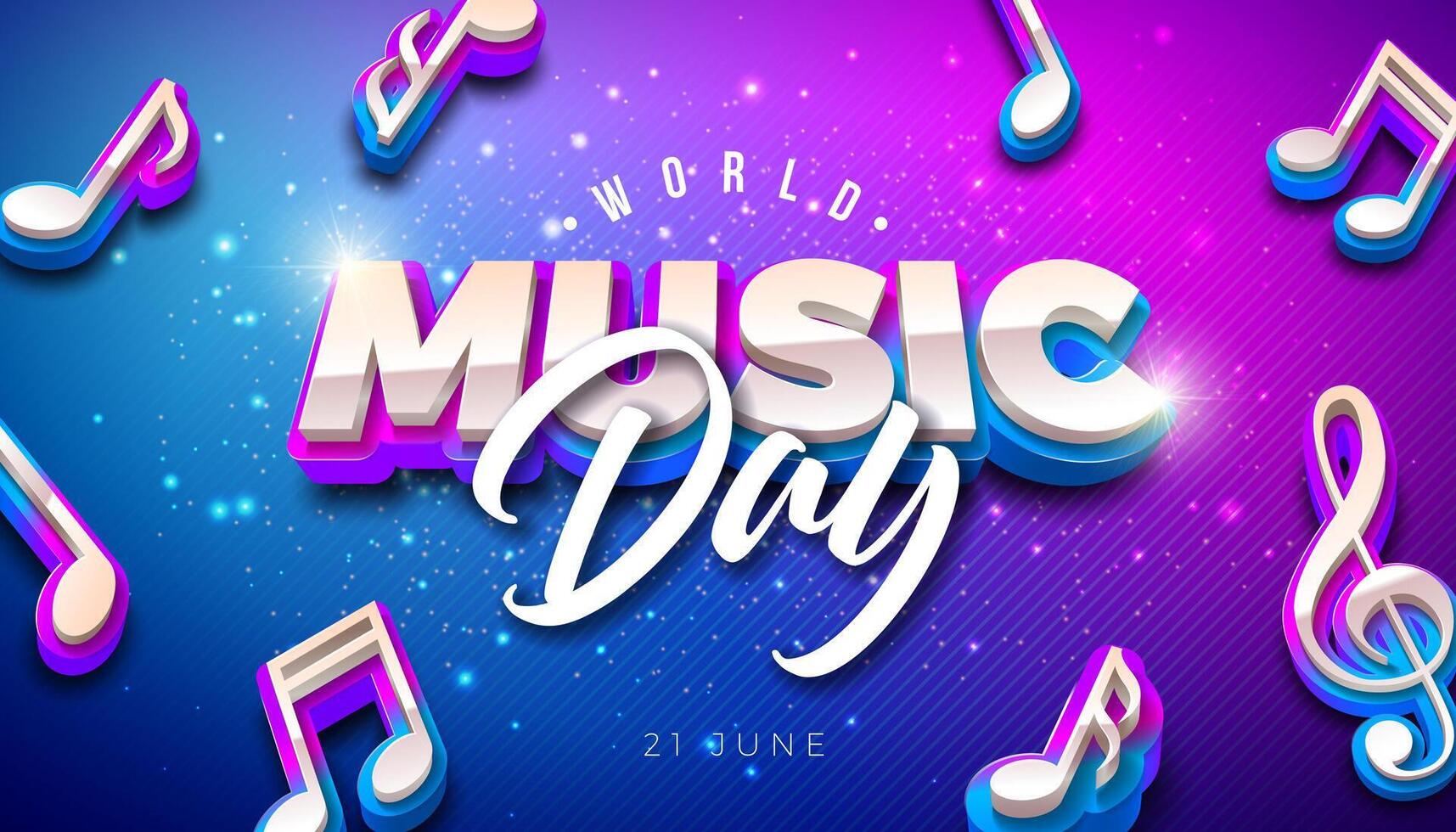 World Music Day Banner Illustration with 3d Musical Notes and Typography Letter on Fluorescent Background. International June 21 Festival Design Template for Web Banner, Post Card, Greeting vector