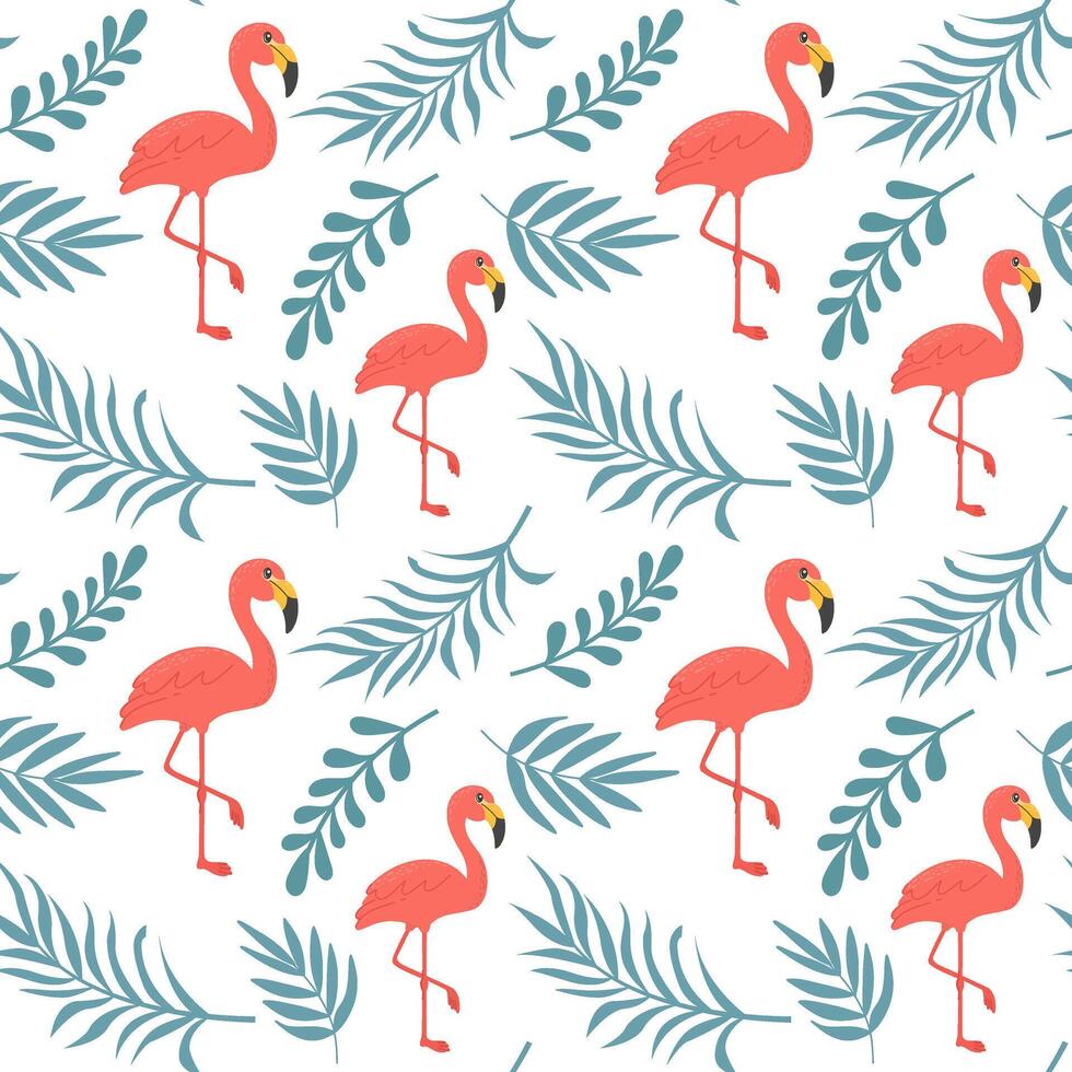 Flamingos and green leaves pattern vector