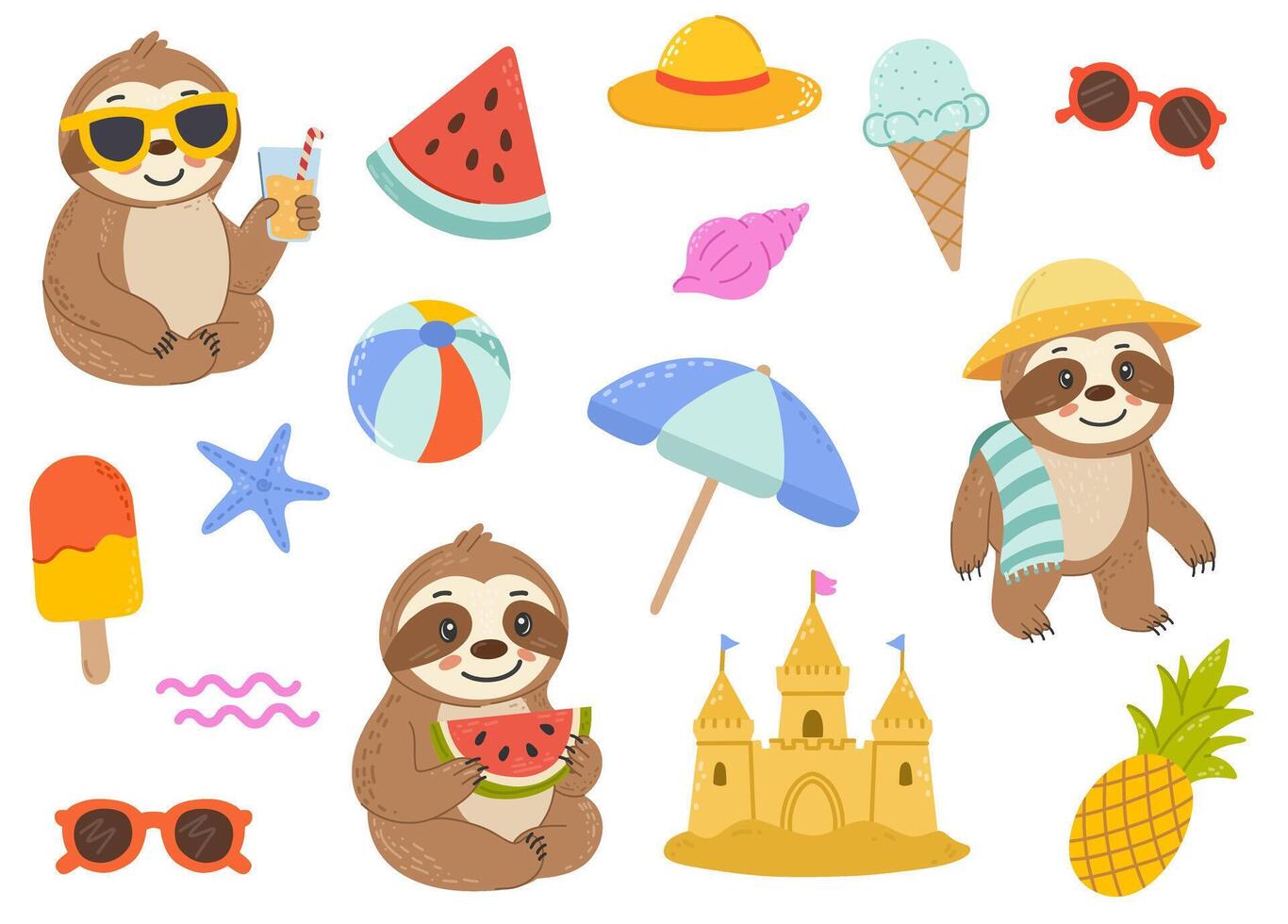Sloths with summer beach items vector