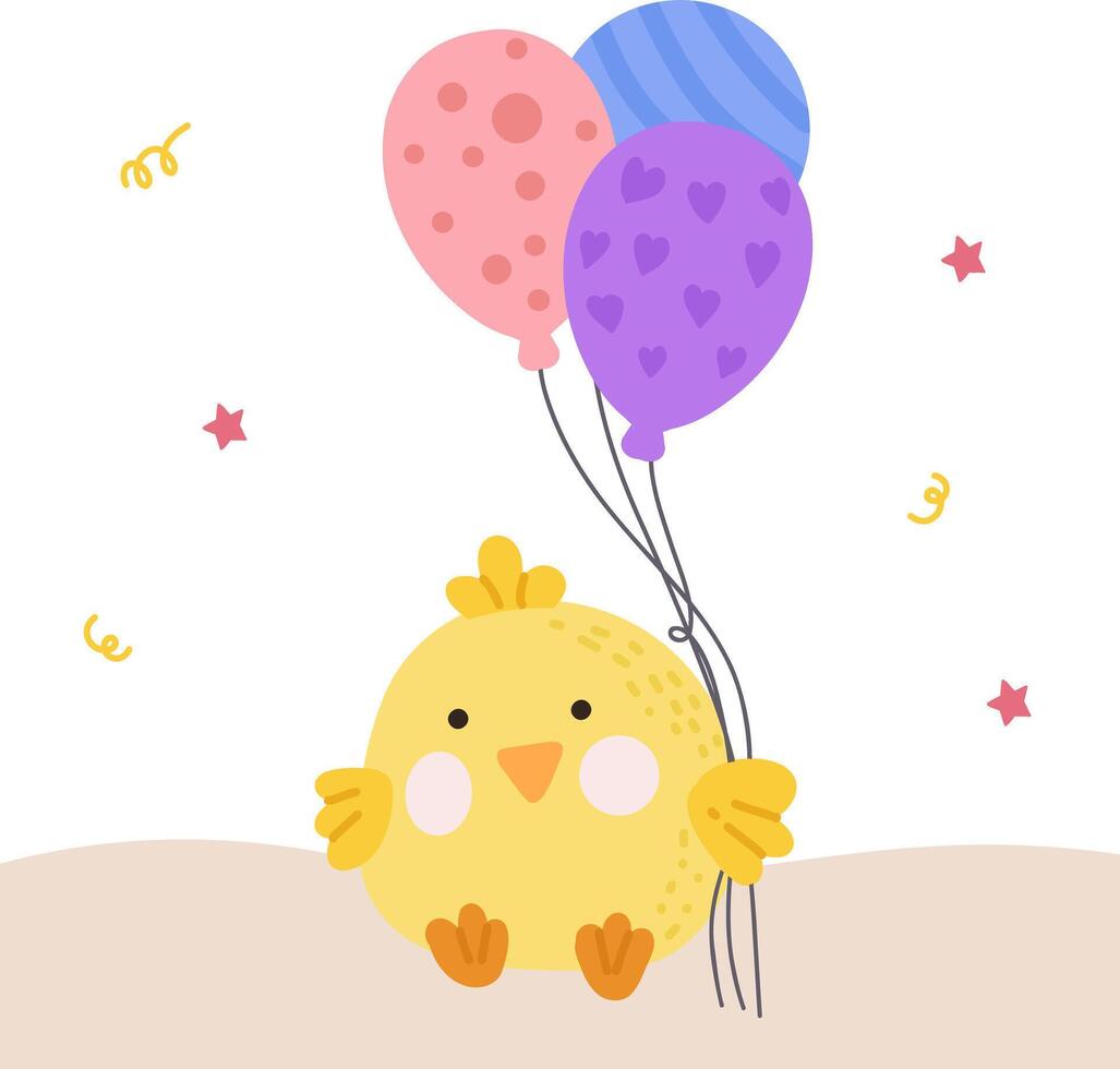 Chick, colorful balloons, confetti and stars. Cartoon style. For children content and party designs. vector