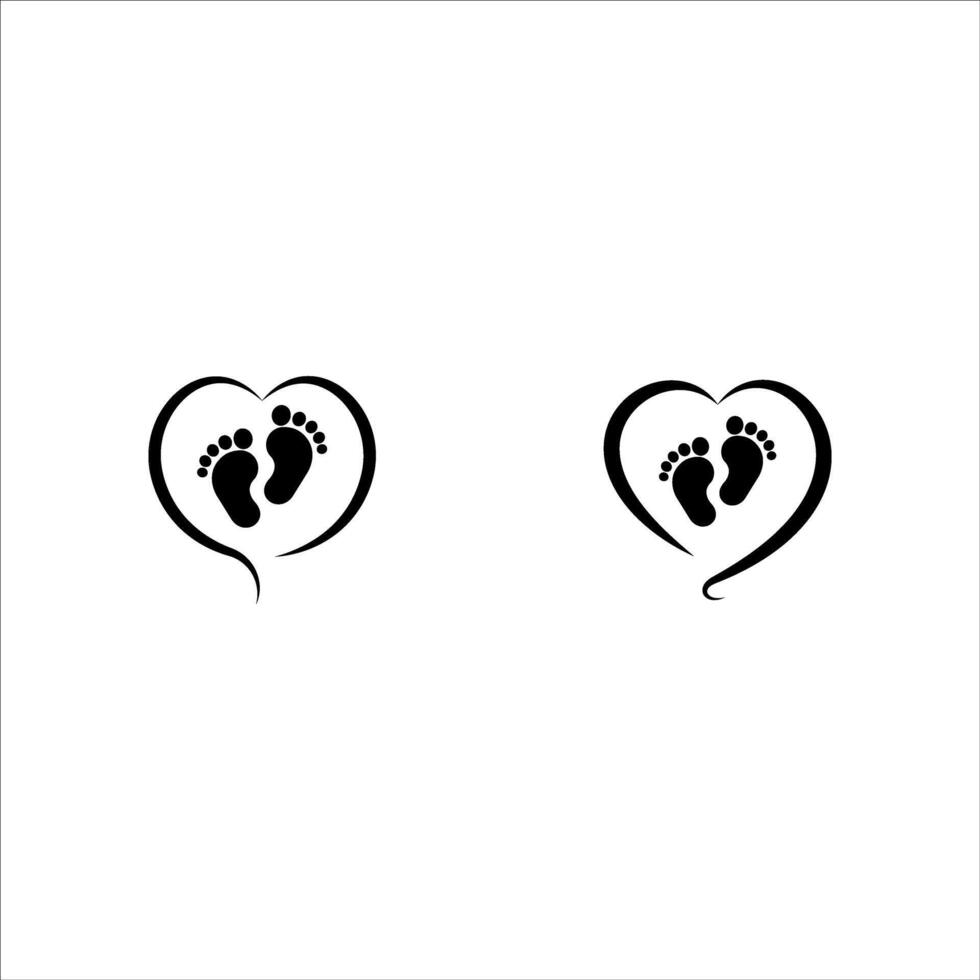 Black set baby footprints silhouette print design. Footsteps in outline heart frame shape. Baby shower decor. New born sign icon. It's a girl,boy.Abstract love symbol.Vinyl wall sticker decal. vector
