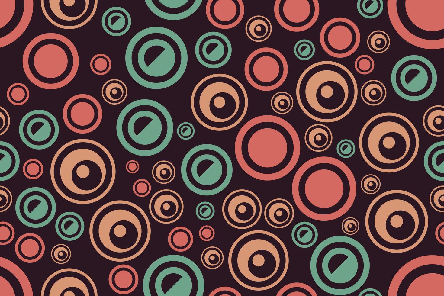 Abstract rings tracery seamless patterns with bold circular outlines in earthy red and green tones on a dark background vector