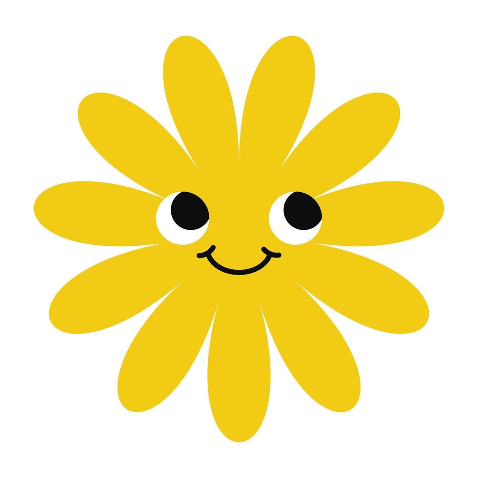Whimsical flower with happy eyes and playful expression. Iconic emoji blend of cartoon and floral art vector