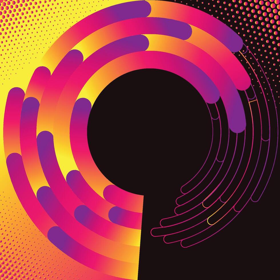 Abstract circular gradient design with halftone dots in pink purple orange on black background vector