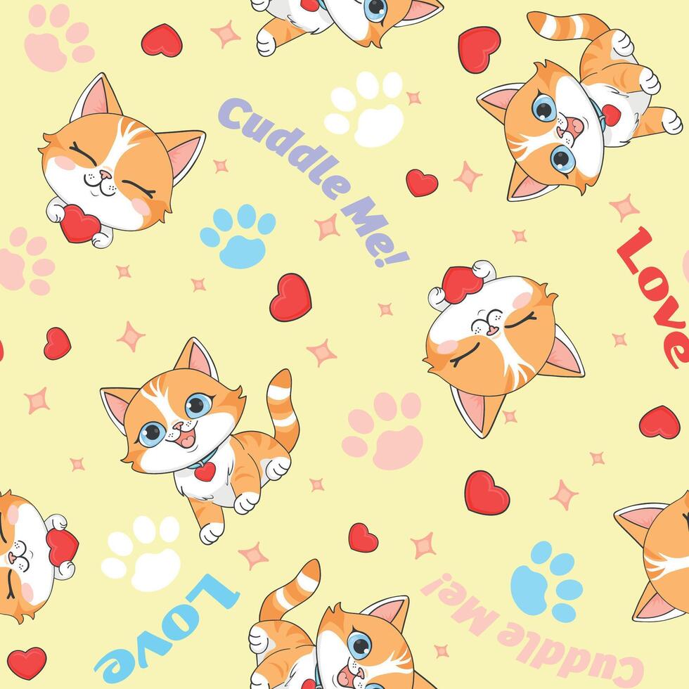 Cute cat pattern with hearts and paw prints vector