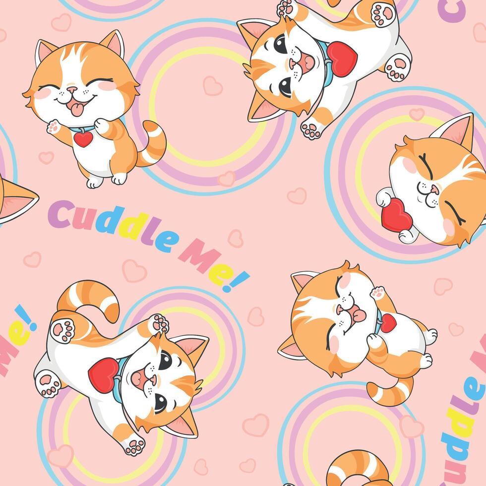 Seamless kawaii cat pattern with rainbow circles hearts on pink background vector