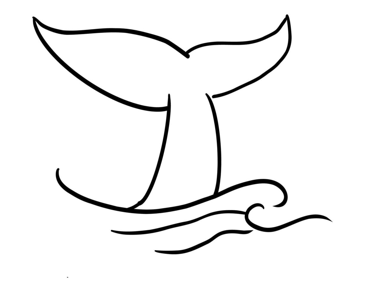 Whale Tale Icon animal, mammal tail line sketch. Vintage simple silhouette with waves. Minimalistic simple tattoo drawing. vector