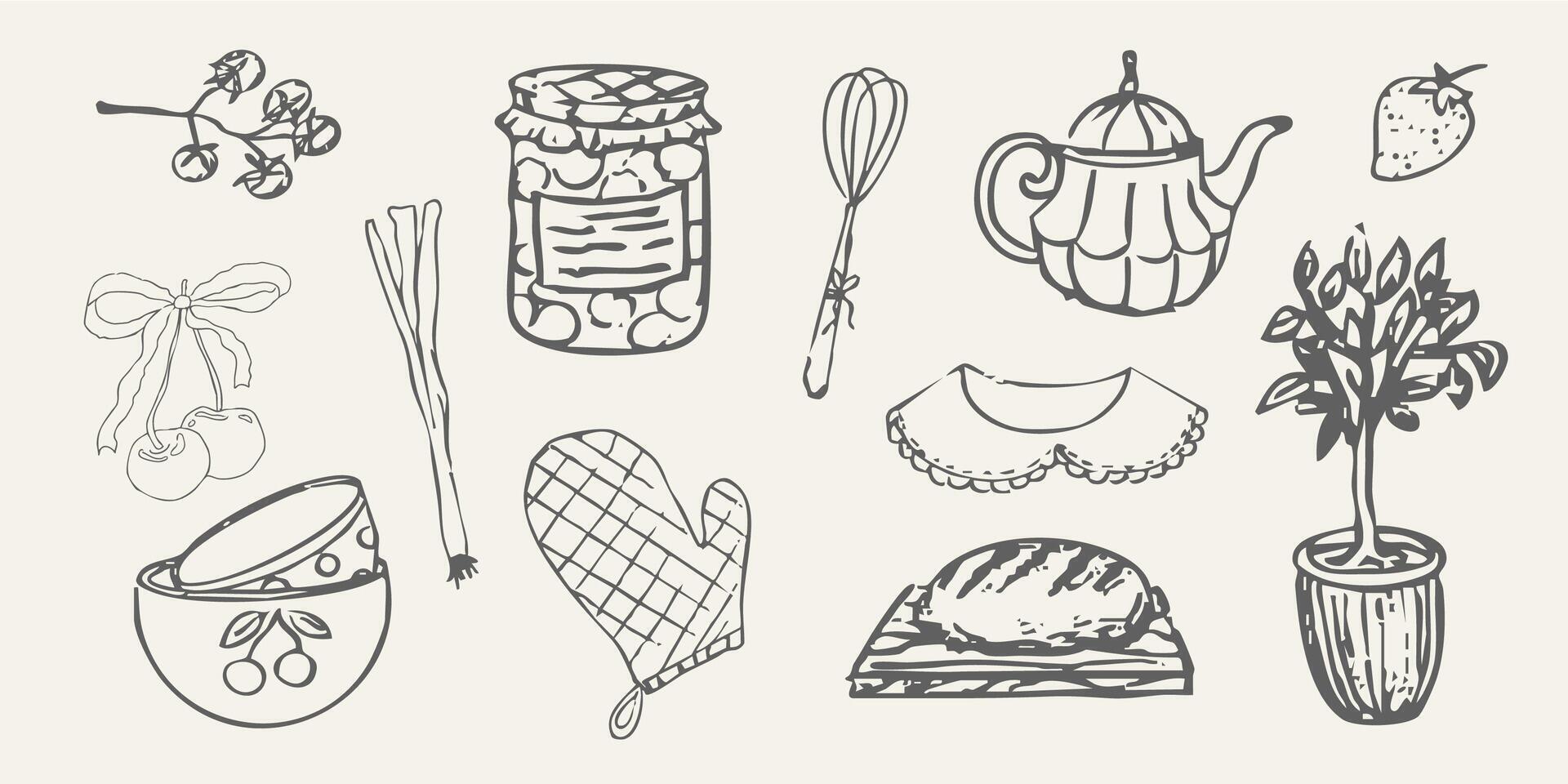 Cottagecore set country rural things sketch. Retro cute whimsy farm themed cottage core aesthetic. Hobby collection, vegetables doodle. vector