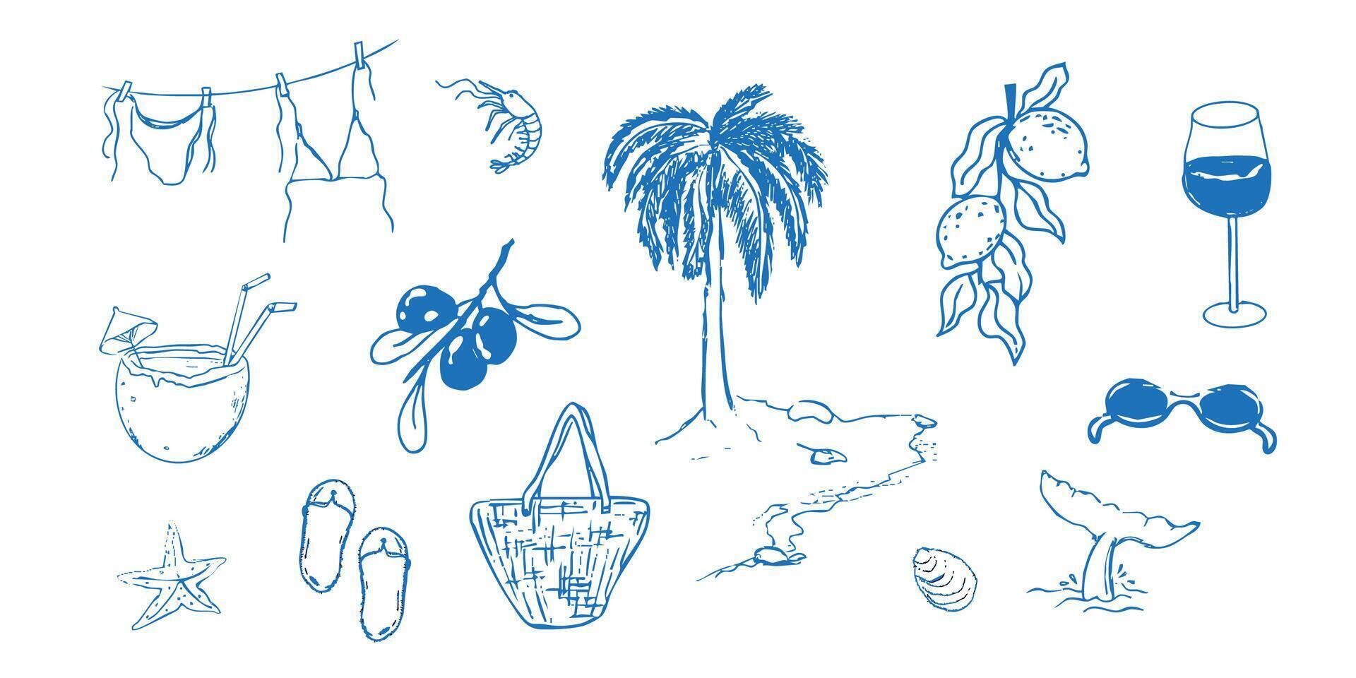 Summer seashore greek sea tourism, rest sketch Line hand drawn beach party elements. Vacation doodle tropical print. vector