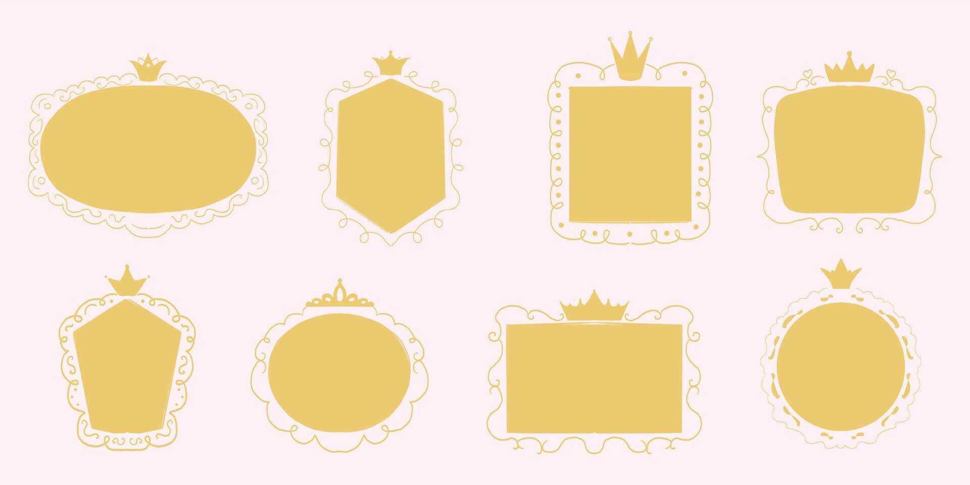 Princess cute pink frame sketch with crown swirl decorations. Simple doodle hand drawn border. Whimsical elegant vintage vector