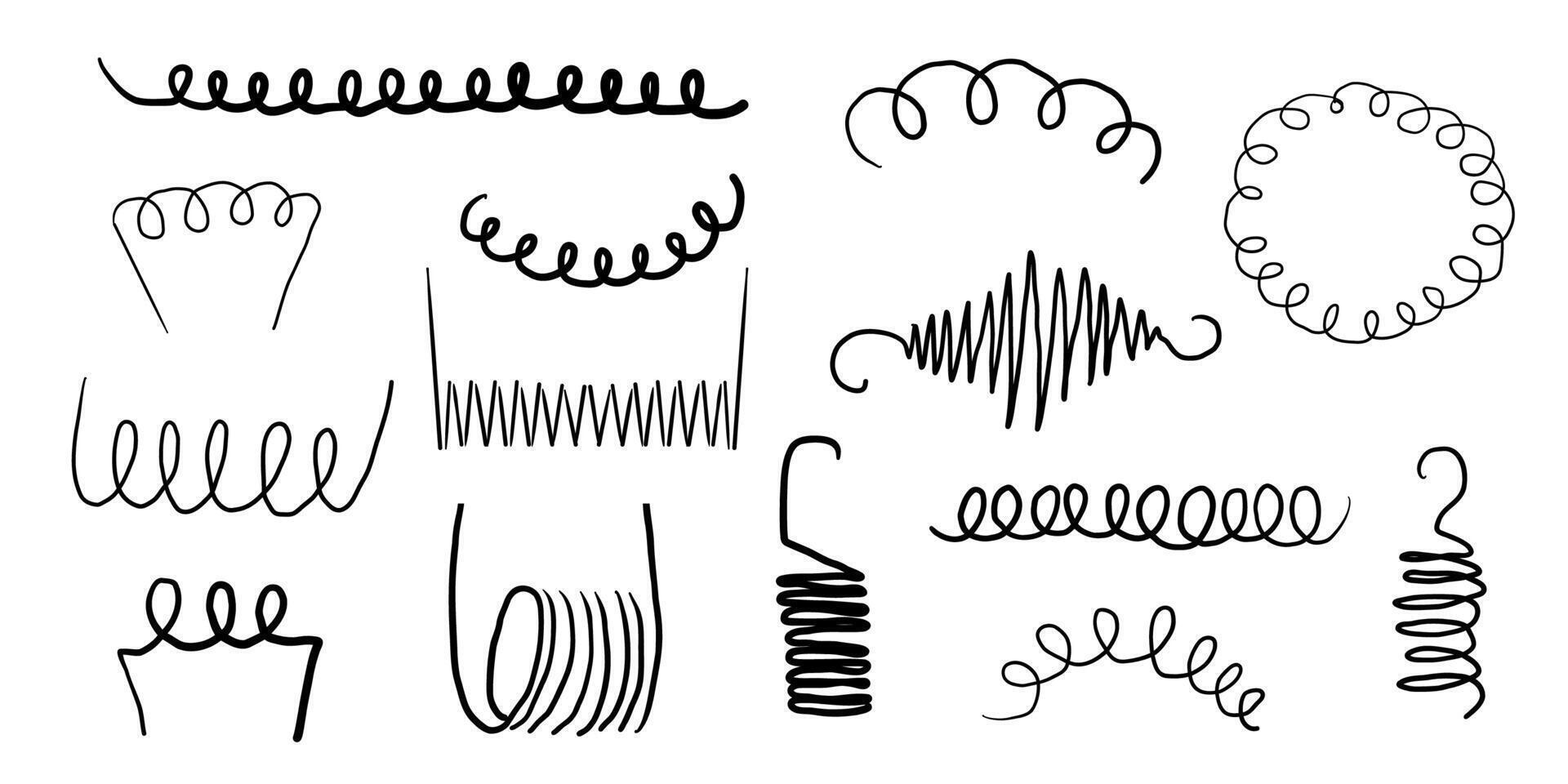 Spiral metal coil wire doodle hand drawn bounce steel curve line spring. Set vape metallic flexible coils. Steel spiral vector