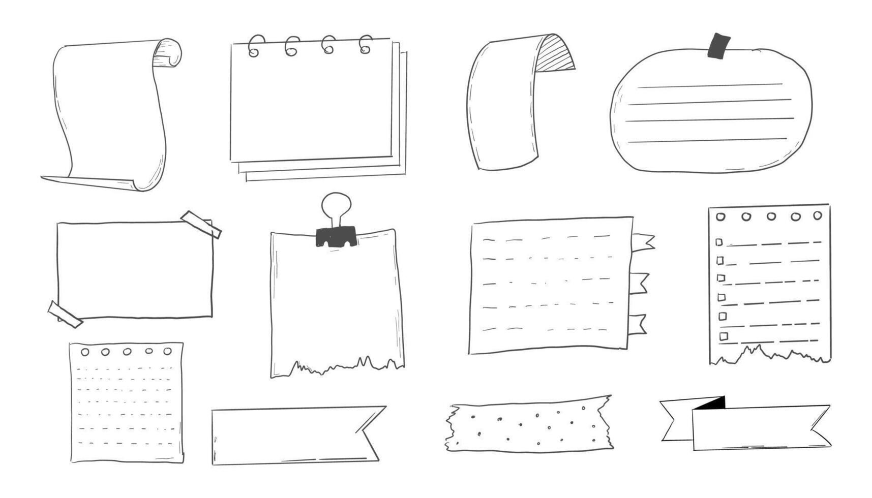 Memo page bullet jourlal note sketch, hand drawn doodle stickers office list box or frame. Comic planner reminder, set stationery elements. vector