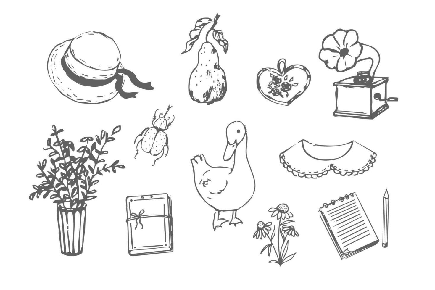 Cottagecore set country rural things sketch. Retro cute whimsy farm cottage core aesthetic. Hobby collection, vegetables doodle. vector