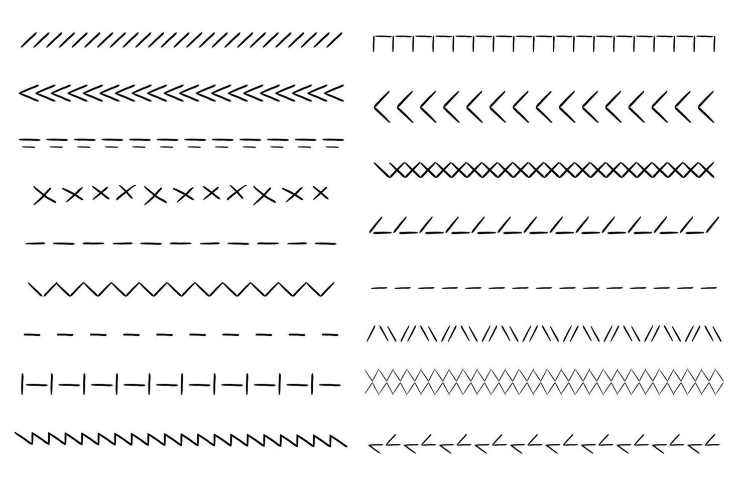 Stitch sewing machine, embroidery stitch border line zig zag hatch. Geometric fabric needlework, sew brushes, sewing seams. vector