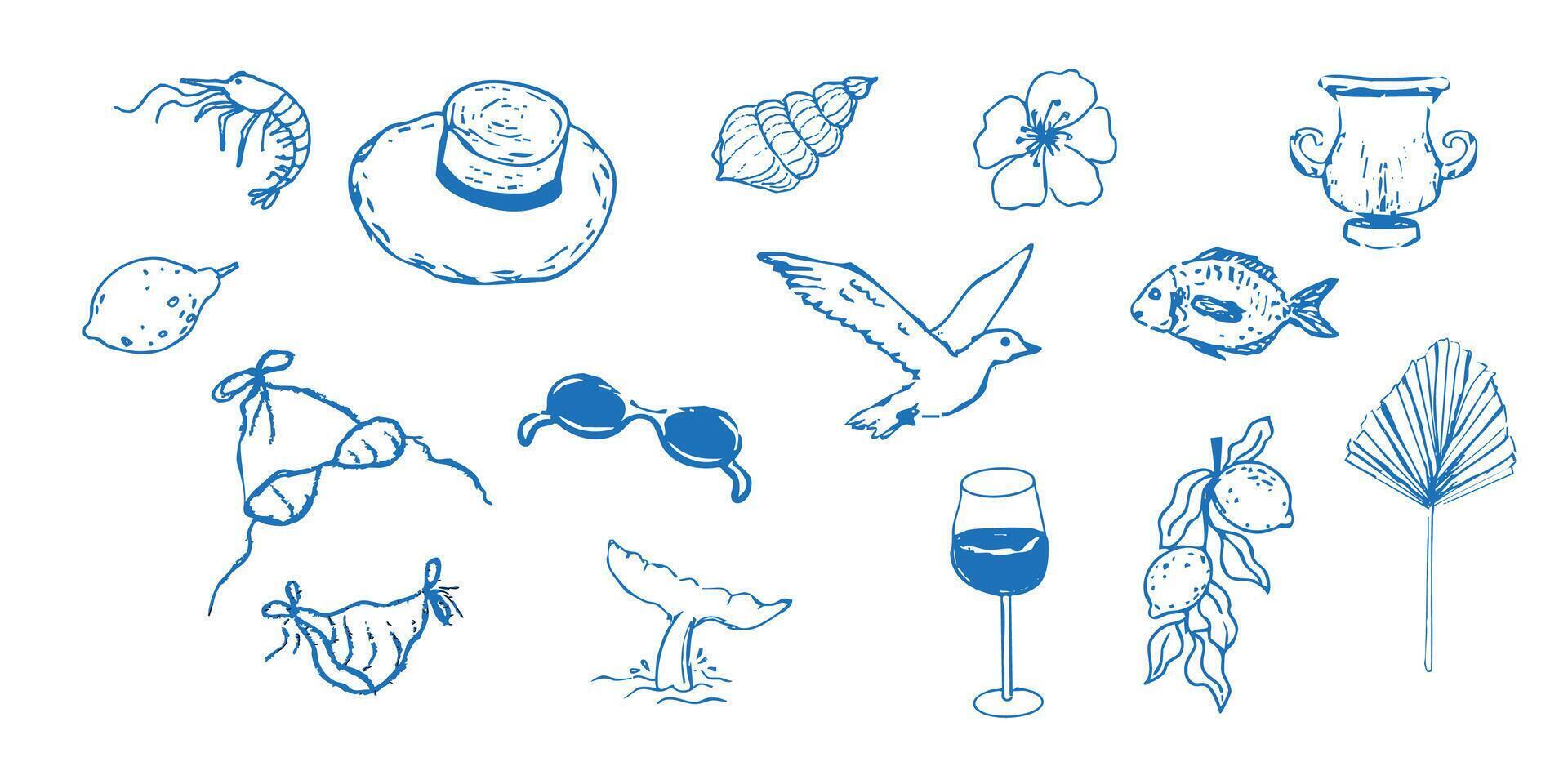 Summer seashore greek sea tourism , rest sketch drawing. Line hand drawn beach party elements. Vacation doodle tropical print. vector