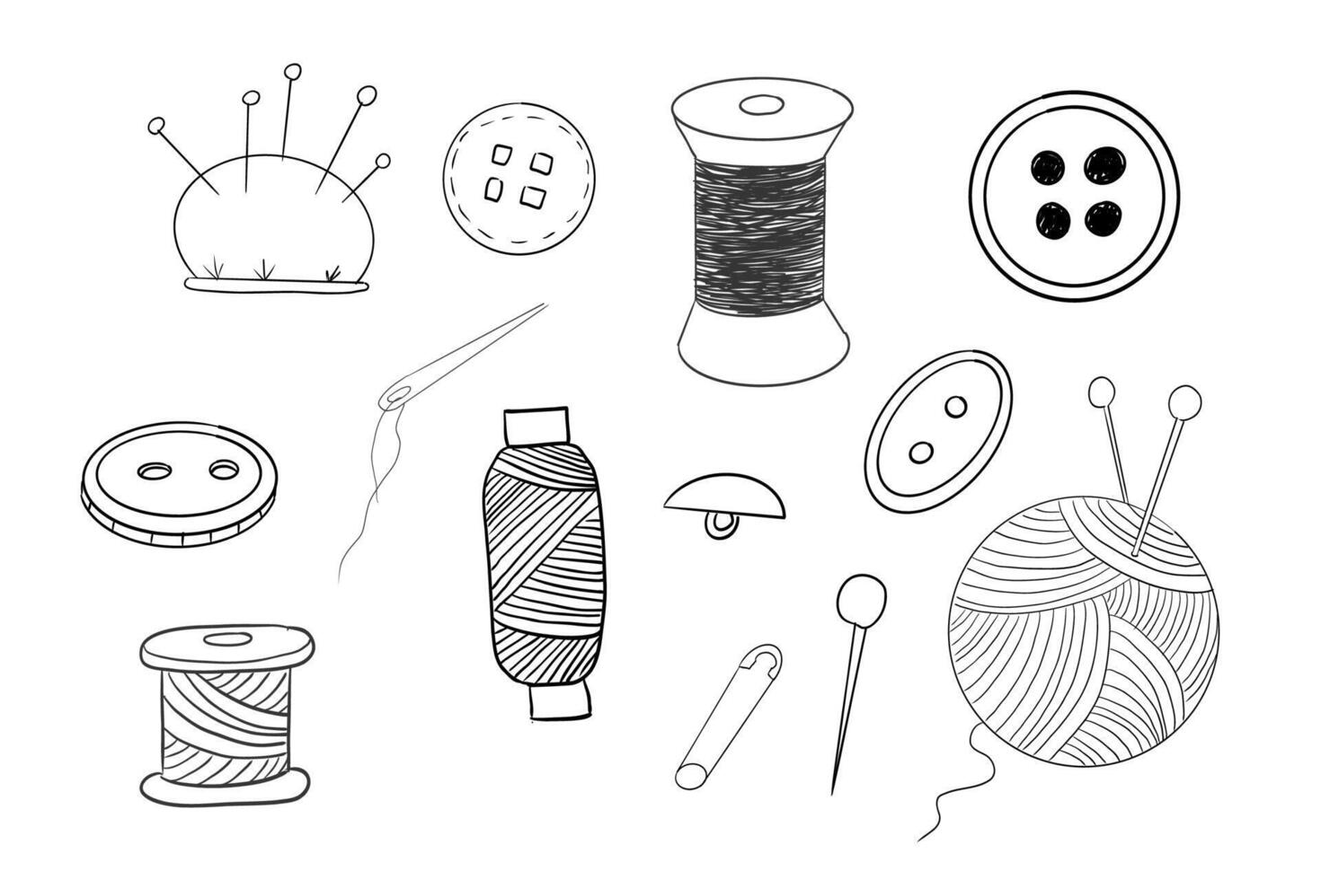 Sewing set with thread, needle buttons doodle hand drawn. Handmade crafts embroidery collection. Vintage tailor kit . Sewing accessories vector