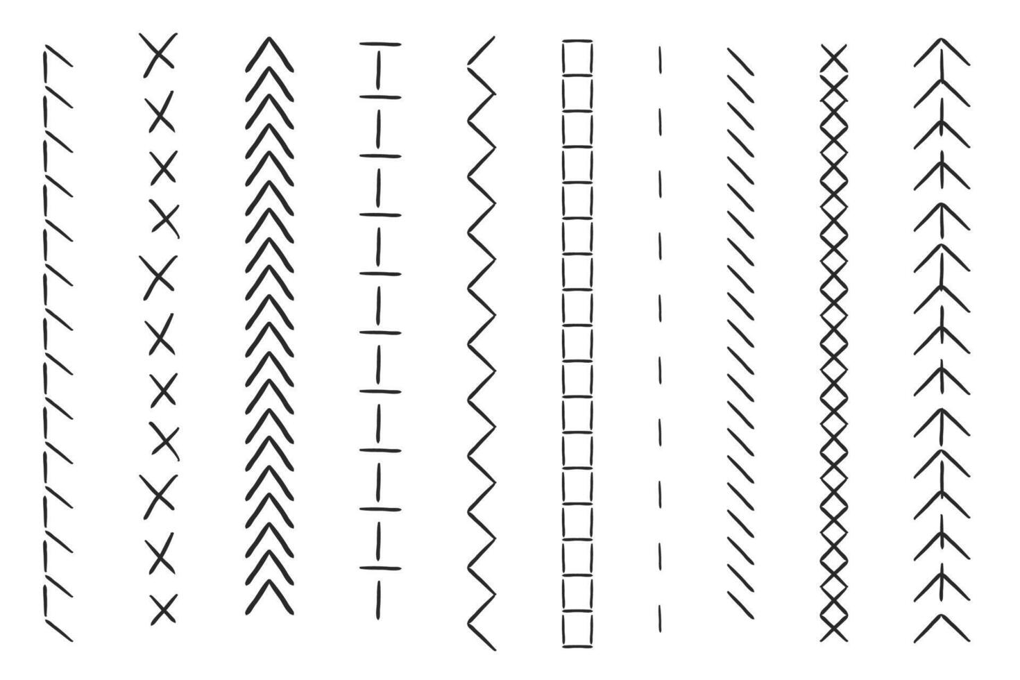 Stitch sewing machine , embroidery stitch border line zig zag hatch. Geometric fabric needlework, thread sew brushes, sewing seams. vector