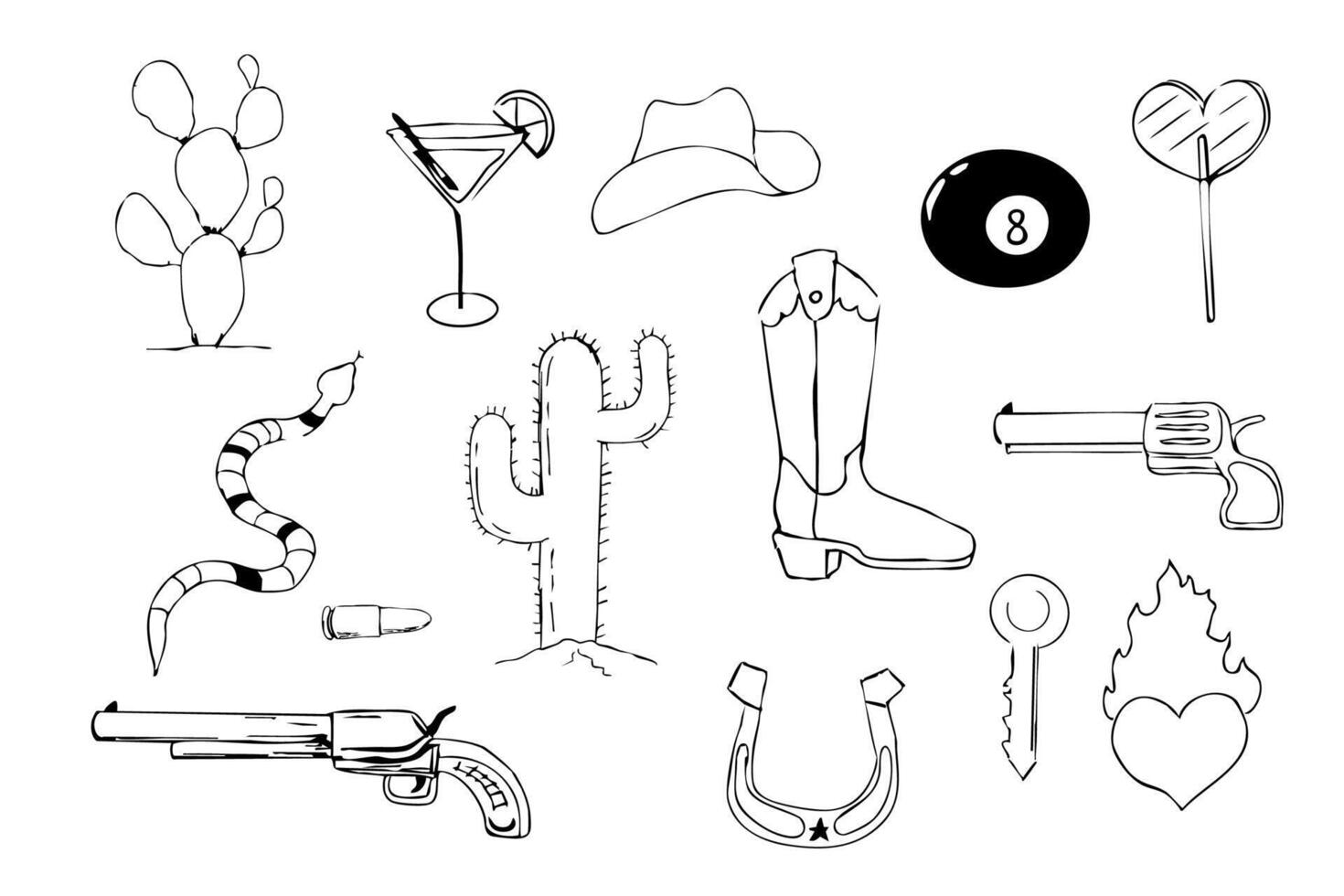 Wild west sketch set with vintage cowboy hat , gan. Desert elements cactus, sand, snake. Line hand drawn lucky horseshoe. vector