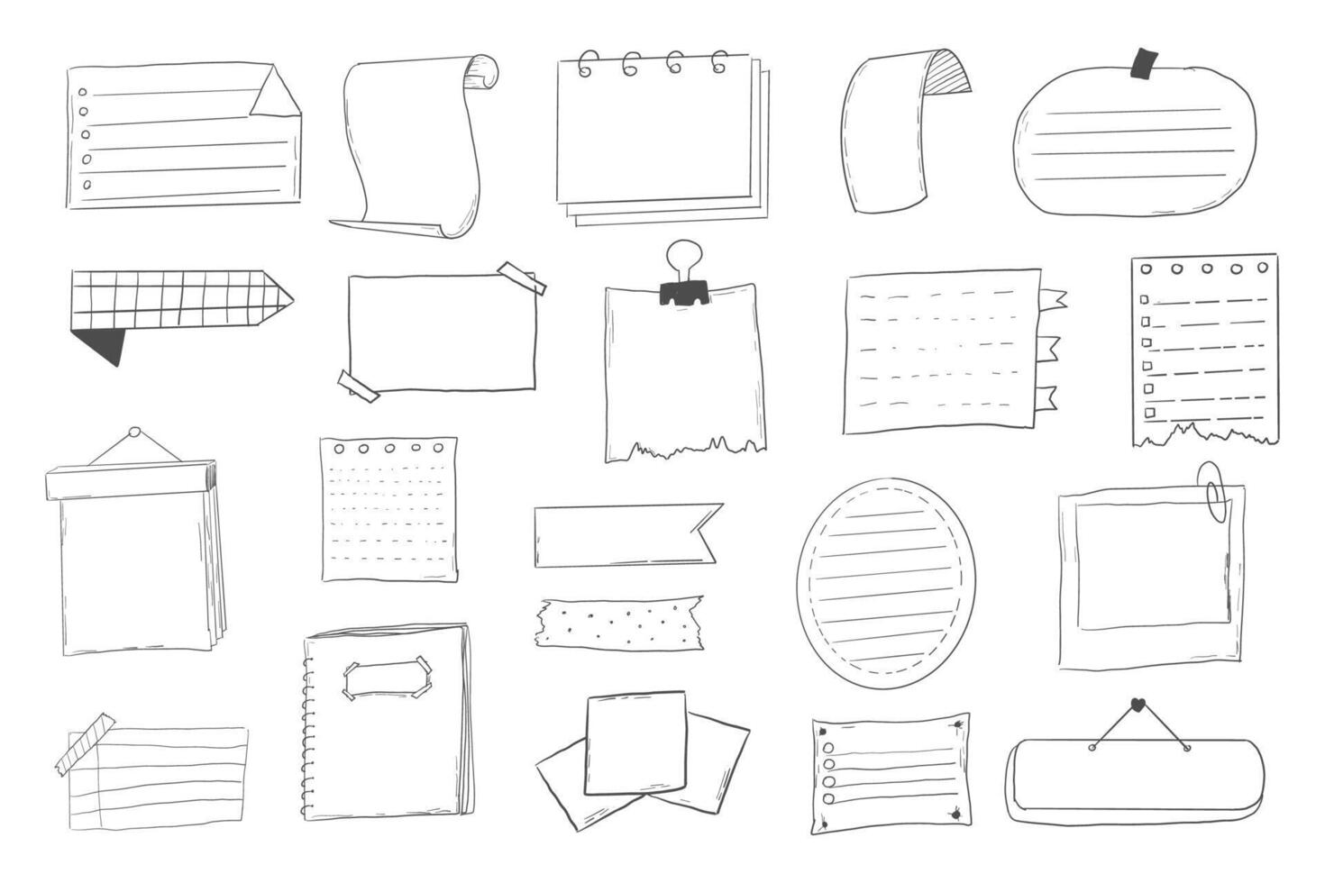Memo page bullet jourlal note sketch,hand drawn doodle stickers office list box or frame. Comic planner reminder, set stationery design elements. vector