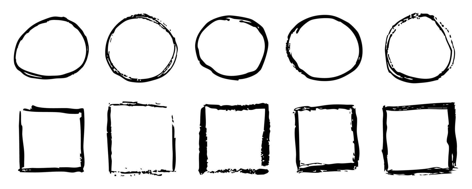 Grunge ink circle and square paint border with rough edges . Text box, sketch dirty line, splash. Scribble frame cadre textured vector