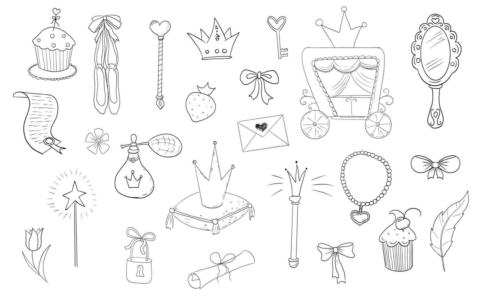 Princess set cute hand drawn sketch. Girl magic fairy mirror , pageant, crown, fairytale fantasy. Royal accessory. Letter and key. vector