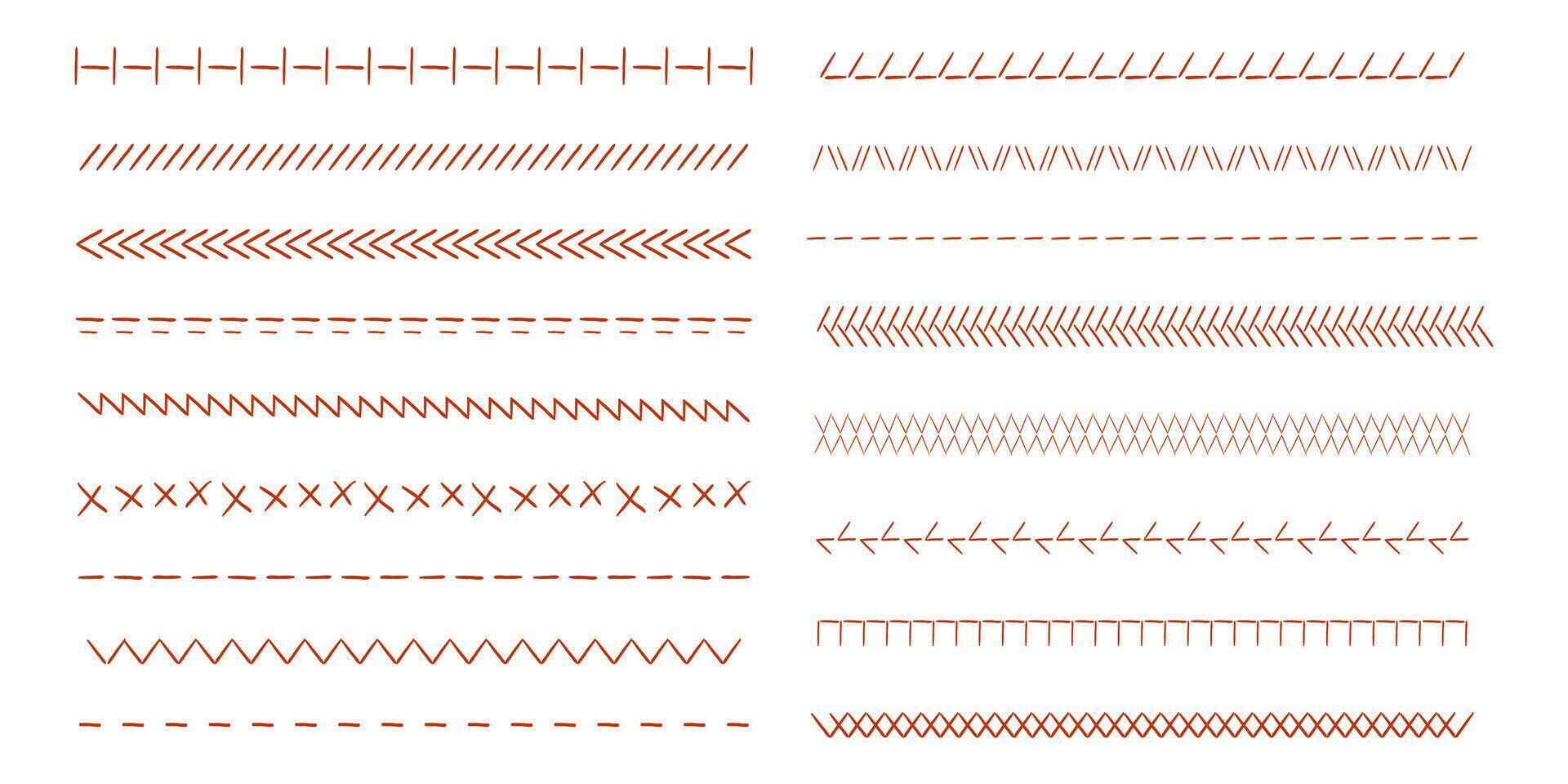 Stitch sewing machine, embroidery stitch border line zig zag hatch. Geometric fabric needlework, thread sew brushes, sewing vector