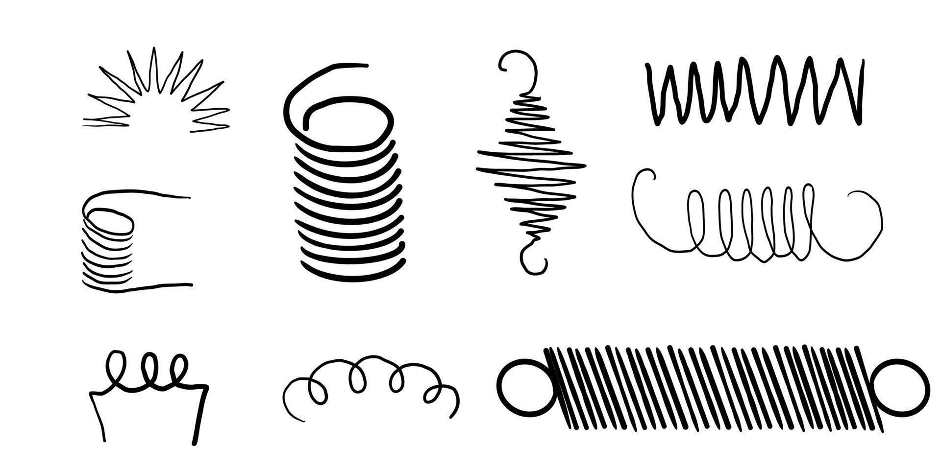 Spiral metal coil wire doodle hand drawn bounce steel curve line spring. Set vape metallic flexible coils . Steel motor spiral vector
