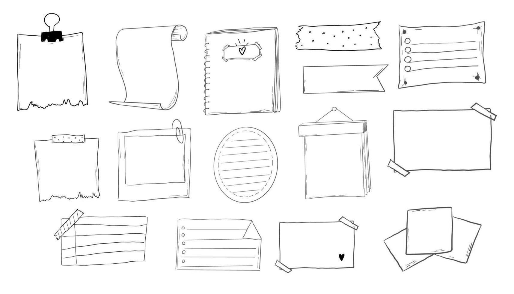 Memo page bullet jourlal note sketch ,hand drawn doodle stickers office list box or frame. Comic planner reminder, set stationery design elements. vector