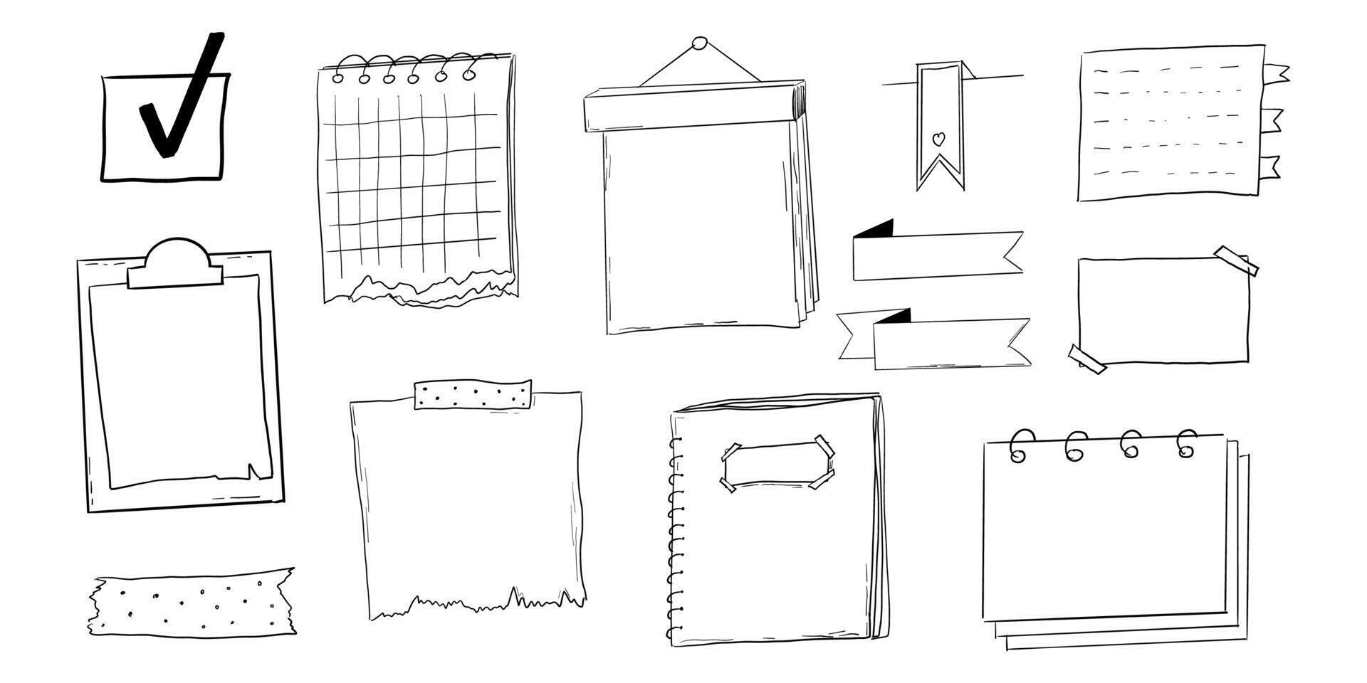 Memo page bullet journal note sketch, hand drawn doodle stickers office list box frame. Comic planner reminder, set stationery design elements. vector