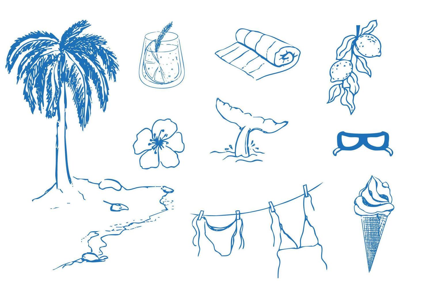 Summer seashore greek sea tourism ,rest sketch drawing. Line hand drawn beach party elements. Vacation doodle tropical print. vector