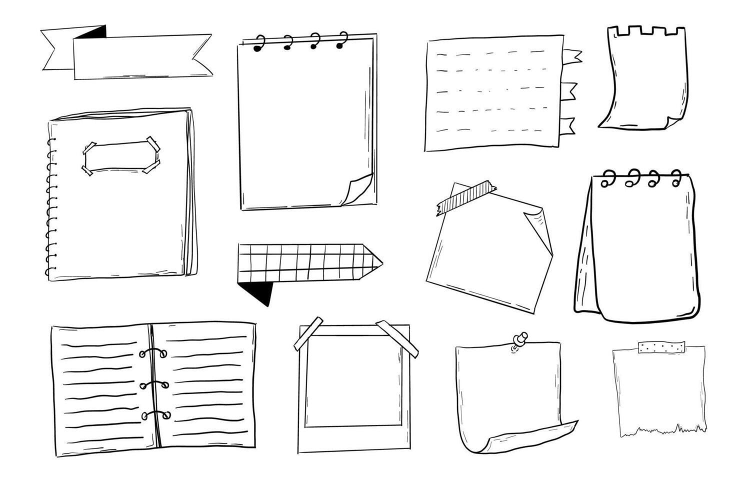 Memo page bullet jourlal note sketch, hand drawn doodle stickers office list box frame. Comic planner reminder, set stationery design elements. vector