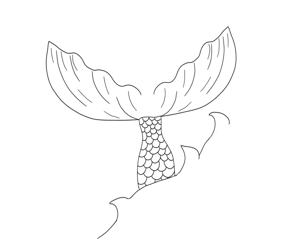 Hand-drawn mermaid tail illustration with wave lines and fantasy elements. Tattoo-style black outline for sea-inspired, feminine, or mythological projects. vector