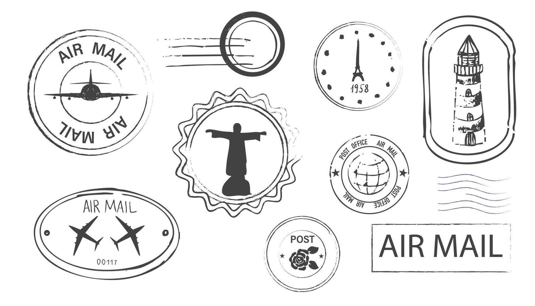Post stamp air mail postage rubber vintage frame, seal. Line retro textured blank postmark border template. Grunge circle airmail print, design elements. vector