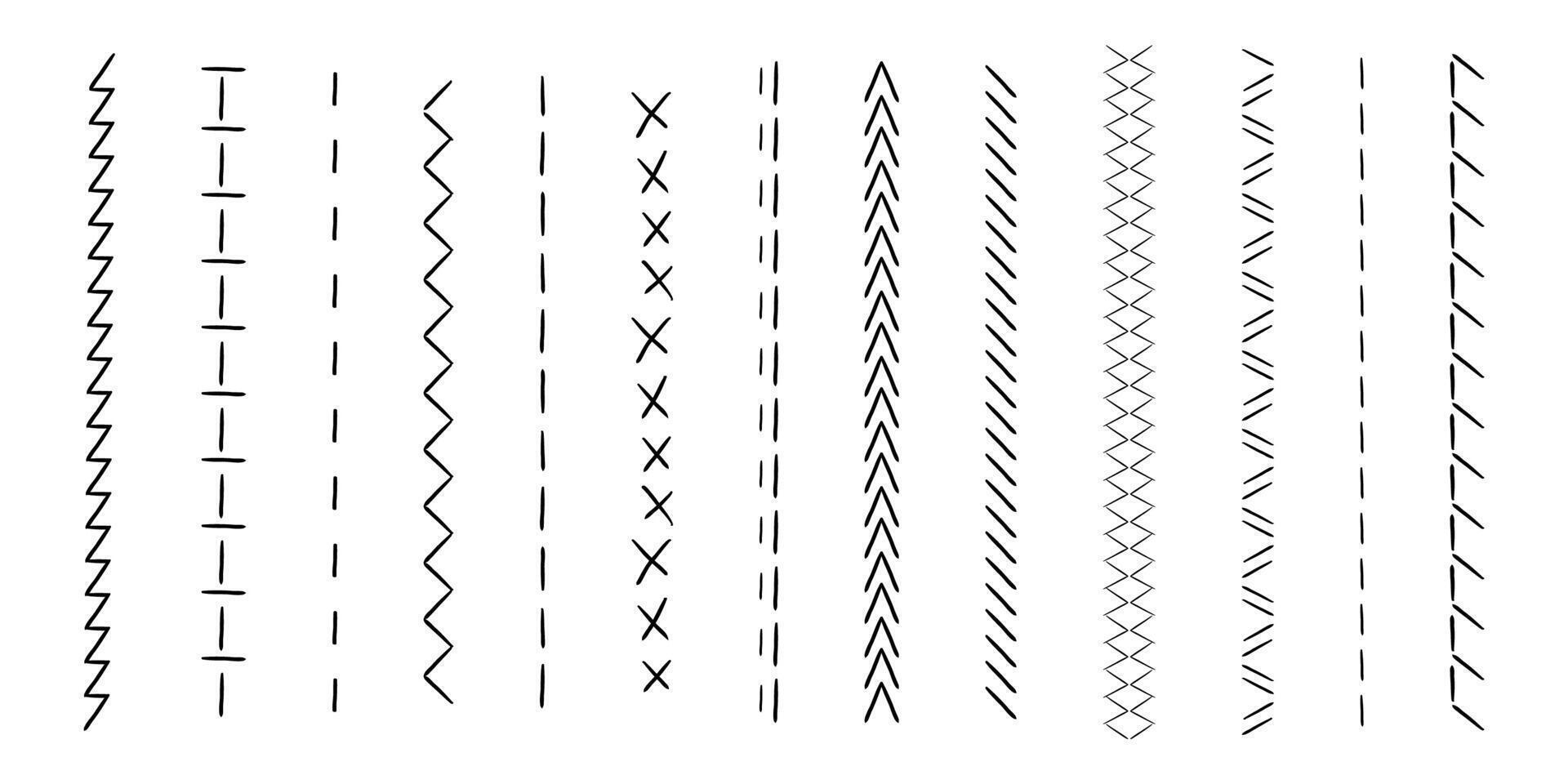 Sewing machine, embroidery border line zig zag hatch. Geometric fabric needlework, thread sew brushes, sewing seams. vector