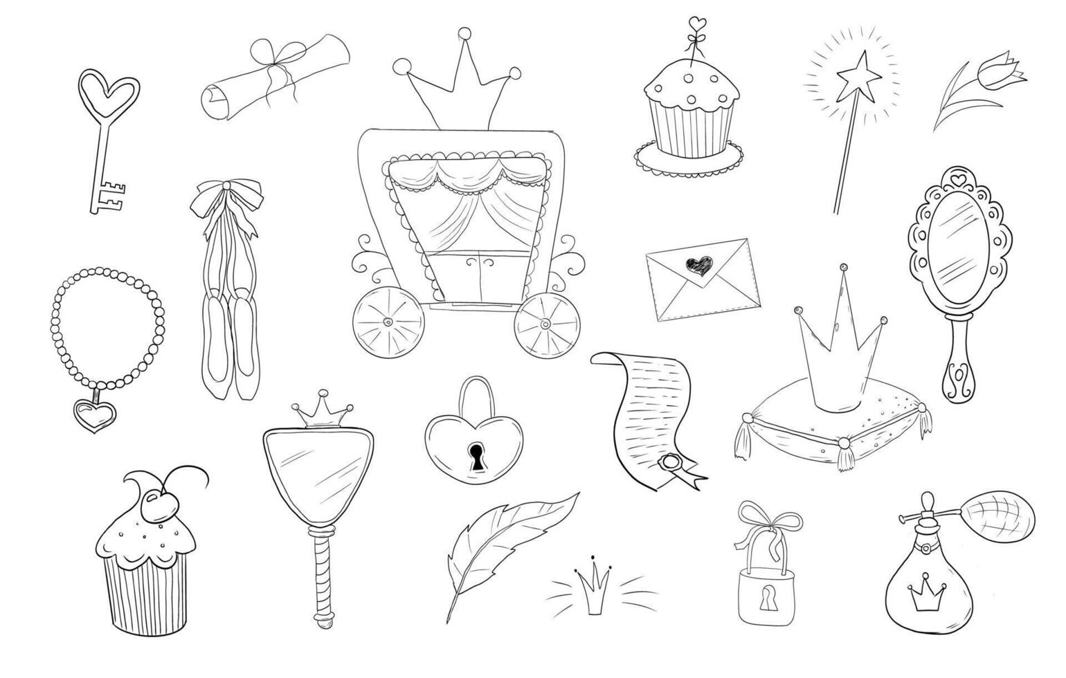 Princess set cute hand drawn sketch. Girl magic fairy mirror, pageant, crown, fairytale fantasy. Royal accessory. Letter and key vector