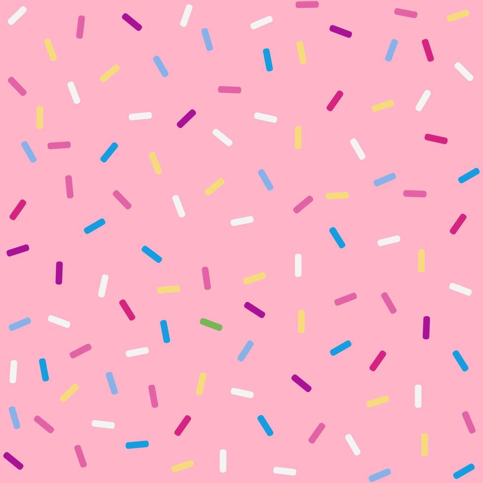 Donut sprinkles confetti retro sweet candy background. Cute pink dessert decoration colorful sprinkle elements. Birthday party vector