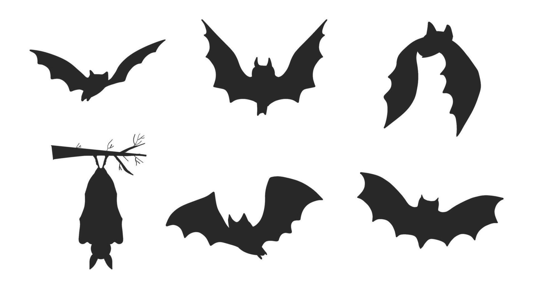 Halloween bat set in silhouette style. Hanging and flying cartoon bats with scary and cute elements. Isolated illustration for spooky autumn celebrations. vector