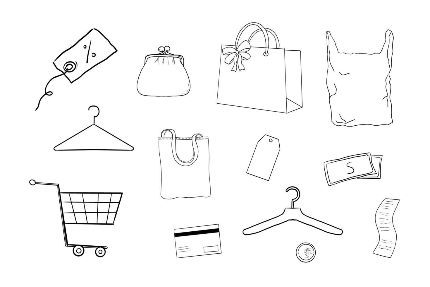 Doodle set of shopping icons cart, bag, basket, gift, coupon, money Sketch style illustrations for ecommerce, sale, delivery, and fashion store themes. Isolated and cute. vector