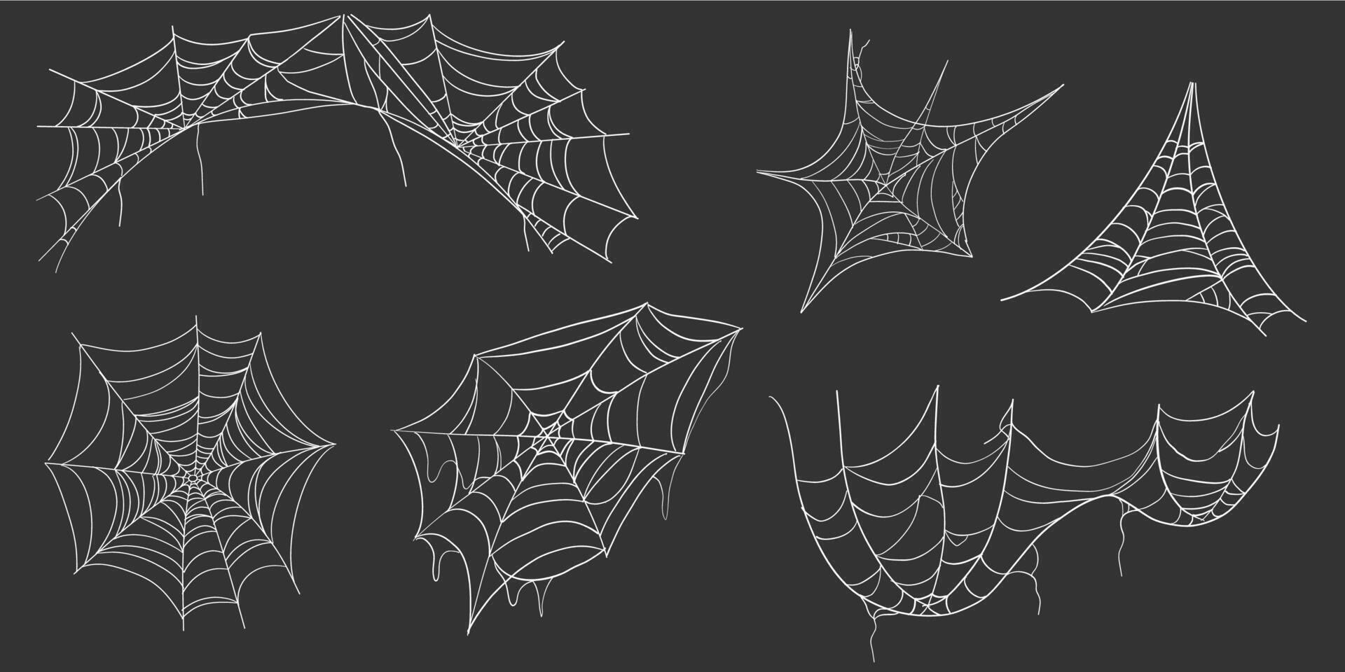 Spiderweb corner line white border, gothic scary hanging net frame on dark background. Simple spooky halloween decoration. Cobweb web spider trap. vector