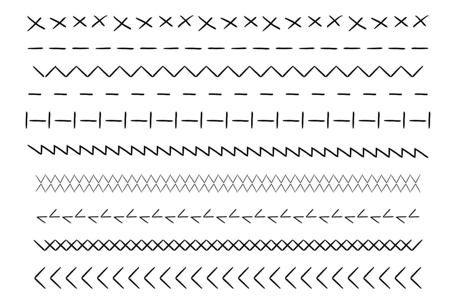 Stitch sewing chi embroidery stitch border line zig zag hatch. Geometric fabric needlework, thread sew brushes, sewing vector
