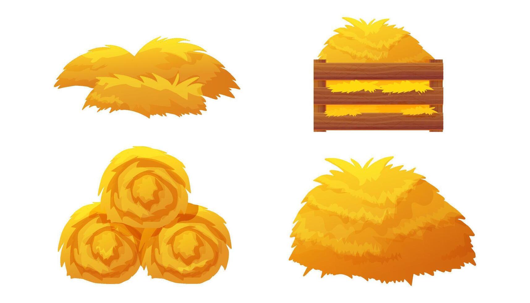 Set of hay and straw clipart. Includes flat farm piles, isolated bales, grass stacks, wooden box, rake, and sack. Perfect for village scenes, agriculture projects, and rural icons. vector
