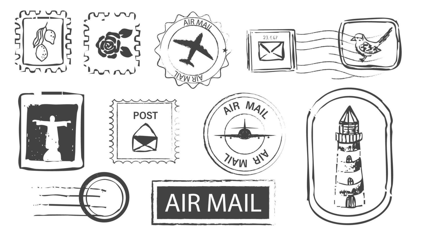 Post stamp air mail postage rubber vintage frame, seal. Line retro textured blank postmark border template. Grunge circle airmail print, design element vector