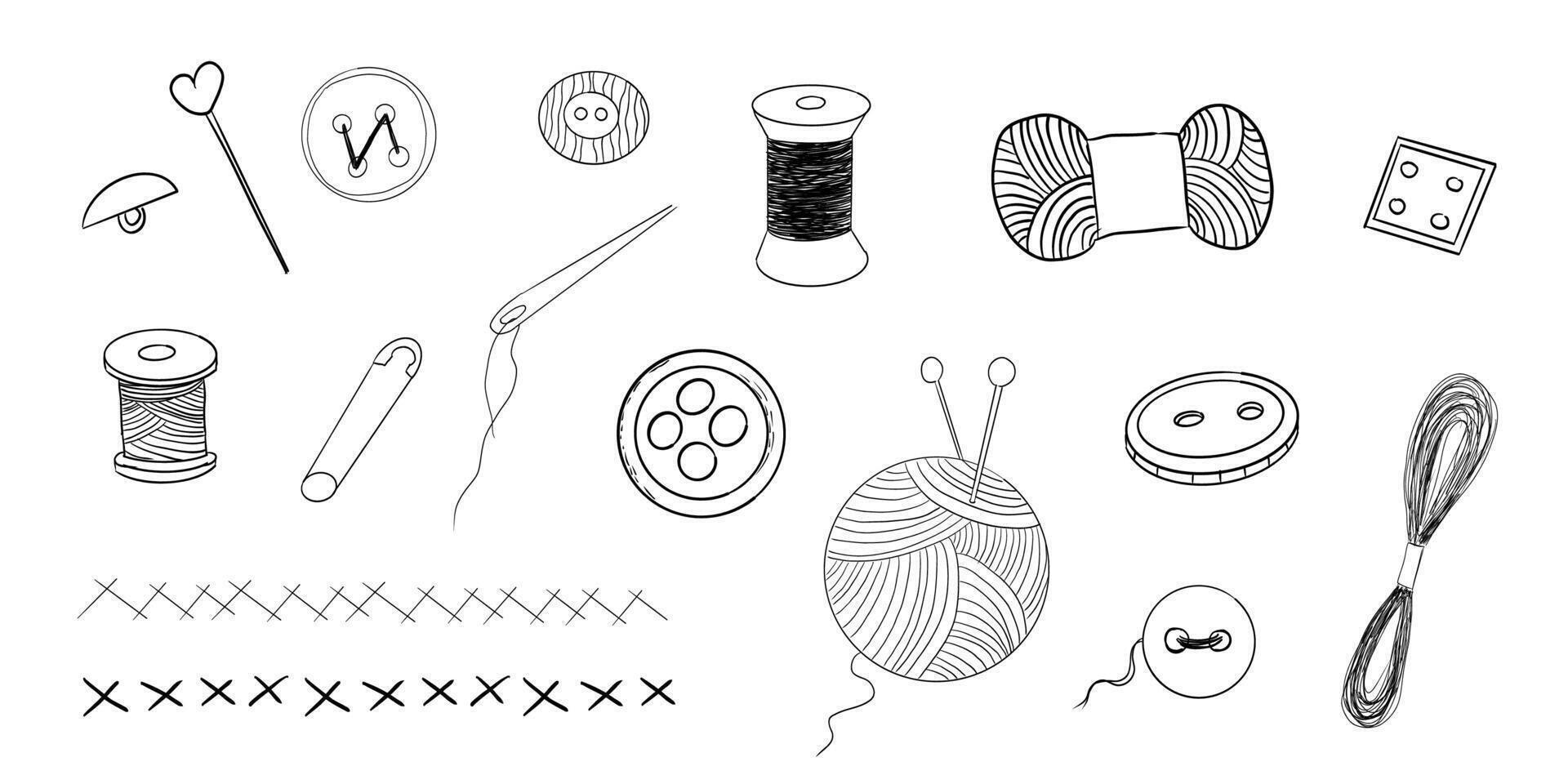 Sewing set with thread, needle buttons doodle hand drawn. Handmade crafts embroidery collection. Vintage tailor kit. Sewing accessories. vector