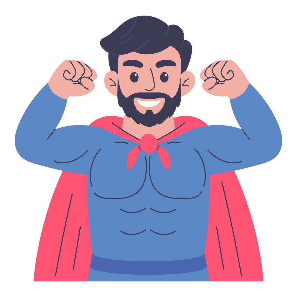 Flat illustration of smiling strong superhero man flexing muscles. Cartoon character in red cape isolated on white background vector