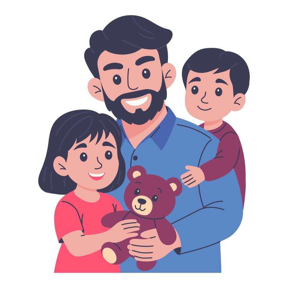 Happy father with children and teddy bear. Flat cartoon of smiling dad hugging son and daughter. Cute family portrait on white background vector