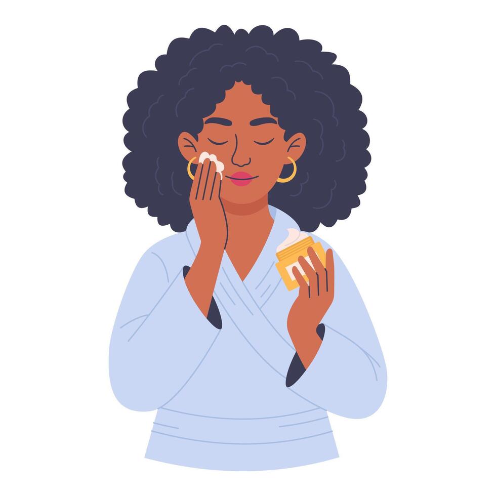 Illustration 20.06.20Woman in bathrobe applying face cream isolated on white background, skin care concept vector
