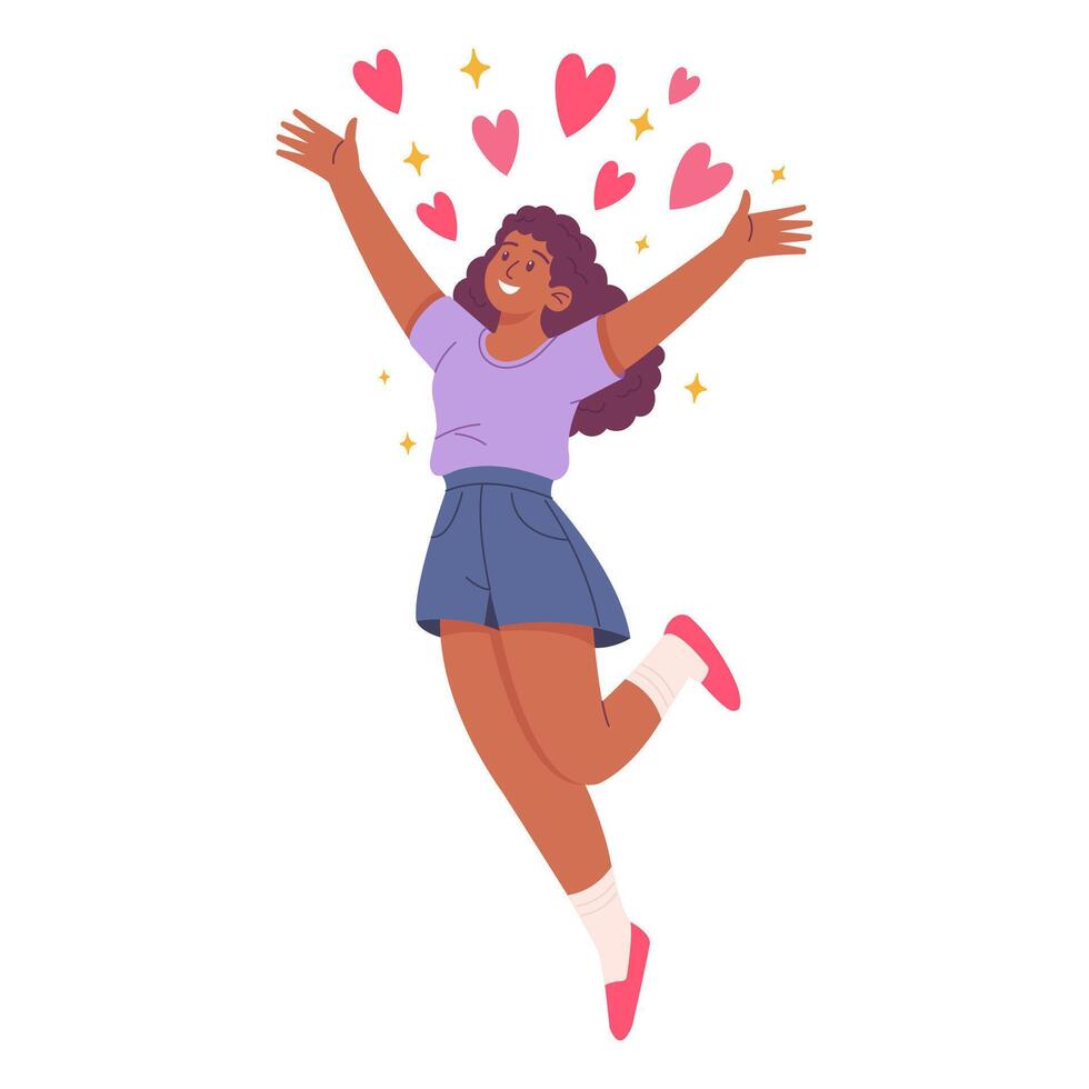 Joyful young woman jumping with love. Flat cartoon of happy girl surrounded by hearts and sparkles expressing excitement and positive emotions. Isolated on white background vector