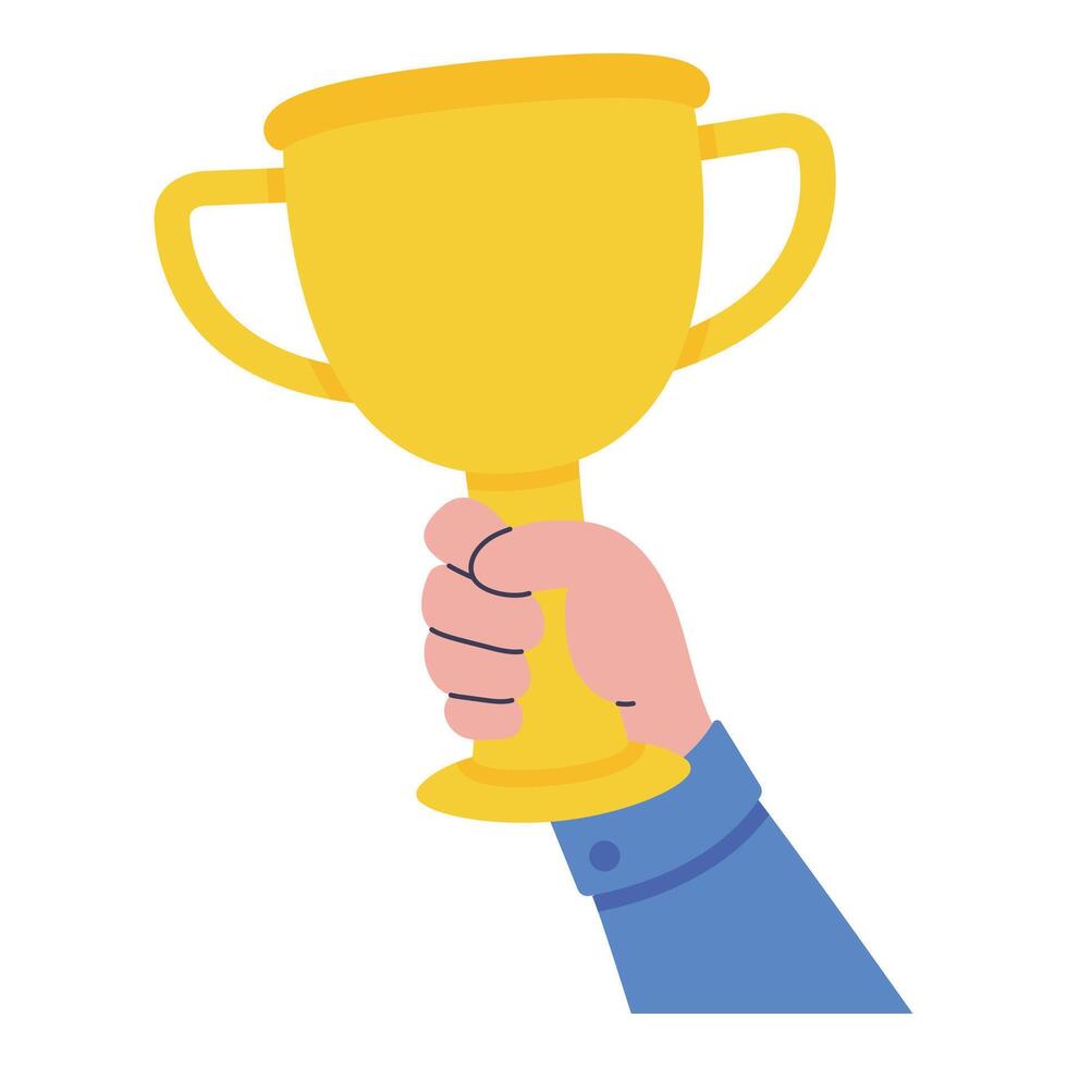 Flat illustration of a hand holding a golden trophy. Success and achievement concept, isolated on white background vector