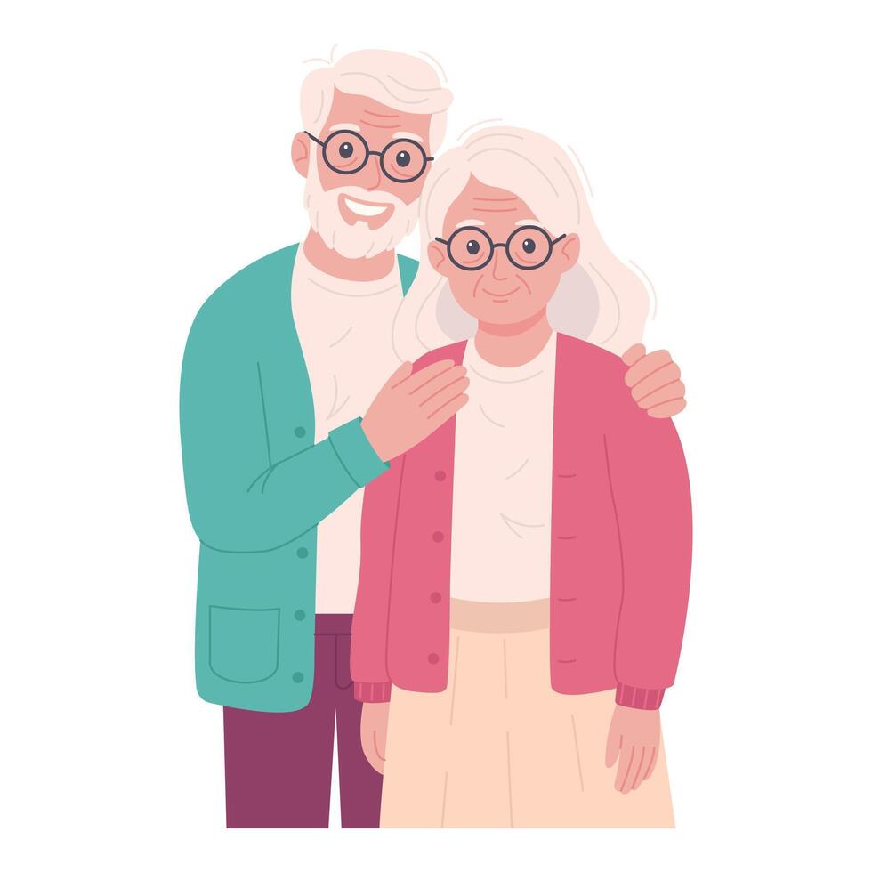 Happy elderly couple standing together. Flat cartoon of smiling senior man and woman in cozy clothes showing affection and closeness. Isolated on white background vector
